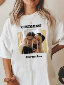 Custom Cotton Women's T-Shirts - Add Your Text And Photo On The Front (Landscape / Badge Pattern / Couple Photo / Family Photo / Selfie / Pet), Design Your Own Personalized Printed T-Shirt As A Gift, Couple Dating Shirt, Etc., Suitable For Anniversaries, Valentine's Day, Mother's Day, Birthdays, Holidays, Etc. 35% Cotton 65% Polyester, Comfortable And Casual, Custom Couple Shirts, Women's Tops, Custom Pattern Tops, Women's Short-Sleeved T-Shirts, Halloween Gifts, Unique Gifts, Thoughtful Gifts, Daily Wear, Travel, Fitness - trắng - Xem 2