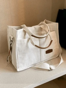 Striped Corduroy Foldable Tote Bag, Large Capacity - White - View 2