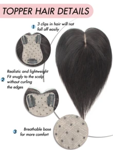Women's Real Human Hair Topper, No Bangs, 360° 3D Realistic Effect, Suitable For Thin, White, Thinning Hair, Adds Volume, With 3 Clips Hair Piece Base, For Women (Natural Black, 8-14 Inches) - Natural Black - View 3