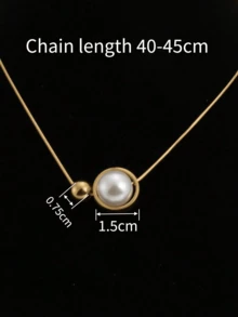 1pc European And American Style Stainless Steel Necklace With Shiny Faux Pearl Pendant, Suitable For Women's Daily Wear