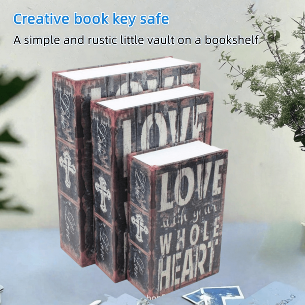 1 pieza Caja fuerte con diseño de libro creativo, diseño de llave con forma de AMOR, tamaño pequeño/mediano/grande, para uso doméstico oculto, mesita de noche, caja de seguridad, caja de almacenamiento en miniatura realista, apta para oficina, dormitorio y talla grande