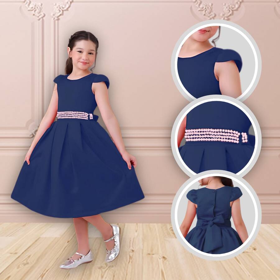 Children's Dress For Girls, Party, Wedding, Baptism, Graduation, Birthday, Princess Style With Pearls - 藏蓝色 - 查看 1