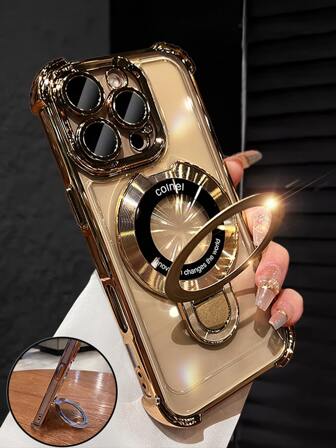 Luxury Electroplated Transparent Gold Phone Case With Ring Holder Magnetic Stand, Silicone Shock-Proof Soft Cover, Anti-Fall Anti-Shock, Compatible With IPhone 16/16e/16 Pro/16 Pro Max/16 Plus/15/14/13/12/11/X/XS/XR/8/7 And Galaxy S25/S24/S23/S22/S21/A55/A54/A53/A52/A35/A34/A23/A16/A15/A14/A13/A12/A05S/FE/Ultra/4G/5G, As Well As Redmi/Honor/MOTO/OPPO/Infinix Phones