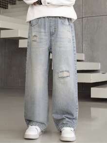 Boys' New Ripped Jeans, Teens' Casual Loose Fit Washed Straight Leg Jeans, Versatile All Season Pants - Light Wash - View 3