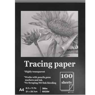 100 vellen A4 calqueerpapier, transparant vellumpapier, 8,3 x 11,7 inch (21 x 29,7 cm) - 38 lb/60 g/m² Voor potloden, stiften en inkt - ideaal voor overtrekken, schetsen en tekenen, voor schoolbenodigdheden, terug naar school