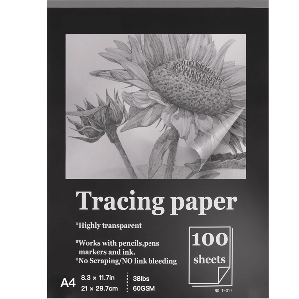 100 arkuszy papieru kalkowego A4, przezroczysty papier welinowy, 8,3 x 11,7 cala (21 x 29,7 cm) – gramatura 38 funtów/60 g/m2 Do ołówków, markerów i tuszów – idealny do kalkowania, szkicowania i tworzenia nakładek, do artykułów szkolnych, na powrót do szkoły