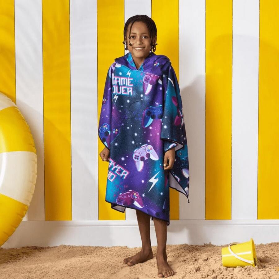 OHS Kids Hooded Towel Poncho | Quick-Dry Absorbent Beach & Pool Robe | Soft Travel Drying Wear - Purple Gaming - View 1