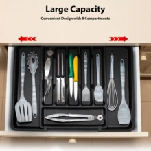Cutlery Drawer Organiser, Extendable Cutlery Tray, 8Compartments, Kitchen Storage Adjustable Dividers Plastic For Utensil Spoons Forks Knives, - 黑色 - 查看 3