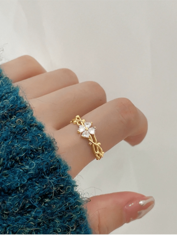 Lucky Four-Leaf Clover Ring, Flower Shape Cubic Zirconia Gold Plated Open Ring, Proposal Gift For Girlfriend