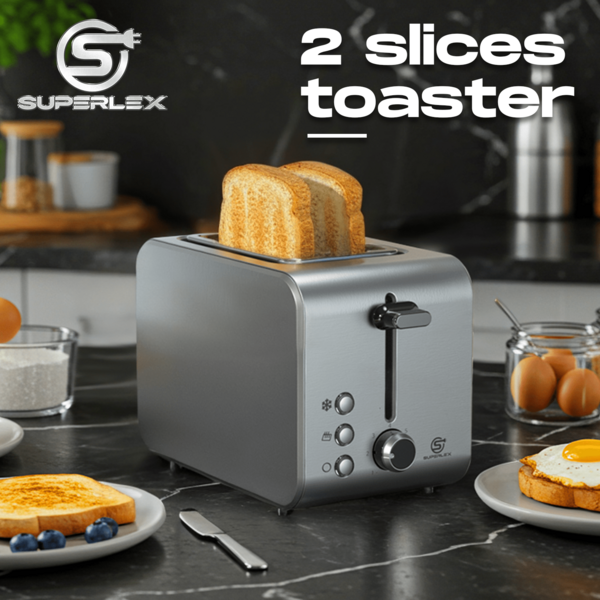SUPERLEX 2-Slice Stainless Steel Toaster, 850W Fast Heating, Warm Up/Defrost/Cancel/Reheat Functions, LED Indicator 7-Speed Adjustment, Removable Crumb Tray For Easy Cleaning, Stainless Steel Material,Silver.
