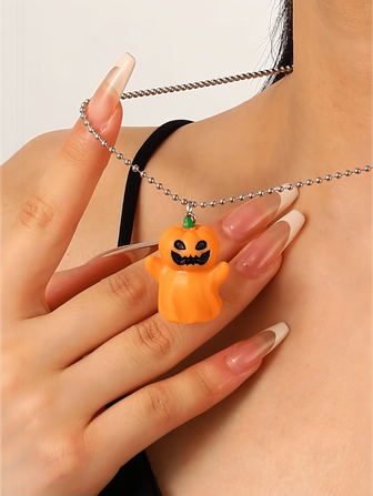 万圣节卡通鬼魂和南瓜形树脂吊坠项链，适合女性在万圣节佩戴