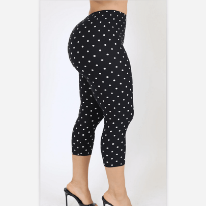 Women Skinny Dots Capri Leggings Knee Length Capris Pants Stretchy Slim Fit Cropped Trousers