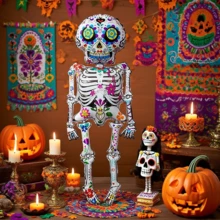 1 pezzo Nuovo Palloncino in piedi Giorno dei Morti Teschio Rock Star Impilato con Fiori, Decorazione orrore Ognissanti, Decorazione per Feste, Casa e Camera da Letto