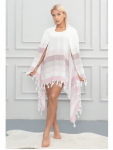 土耳其制造 - Dokubba Coral 100% 色织棉 Peshtemal 沙滩裙和 Peshtemal 毛巾 (90x180cm) 套装 - 尺码 S、M、L、XL、XXL - 白色 - 查看 1