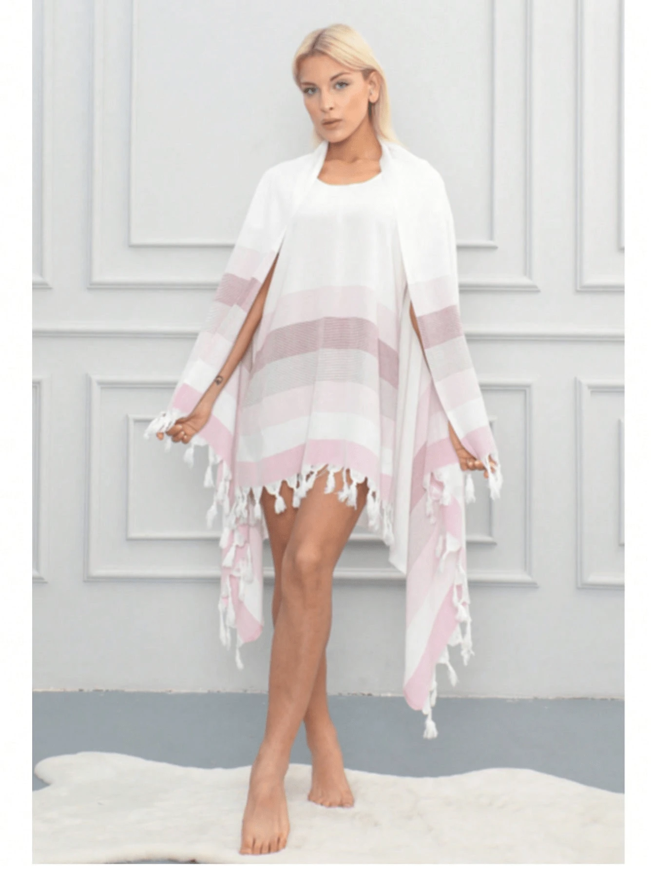 土耳其制造 - Dokubba Coral 100% 色织棉 Peshtemal 沙滩裙和 Peshtemal 毛巾 (90x180cm) 套装 - 尺码 S、M、L、XL、XXL - 白色 - 查看 1