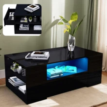 Coffee Table With Storage 2 Drawer High Gloss Wooden Living Room RGB LED Lights Black - Black - View 3