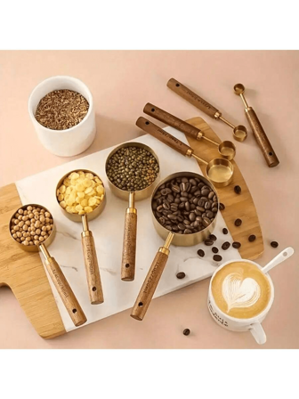 Juego de tazas medidoras de acero inoxidable, utensilios de cocina, tazas medidoras de acero inoxidable con mangos de madera de rosa, para cocinar y hornear, utensilios de cocina, cucharas medidoras con mangos de madera, para medir sólidos y líquidos, suministros de cocina y repostería