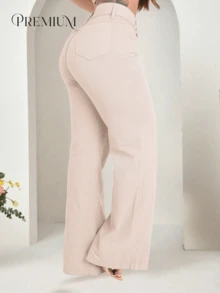 Women's Wide Leg Jeans, High-Rise, 100% Premium Cotton, Wide Leg, Marbled Blogger - 米色 - 查看 6
