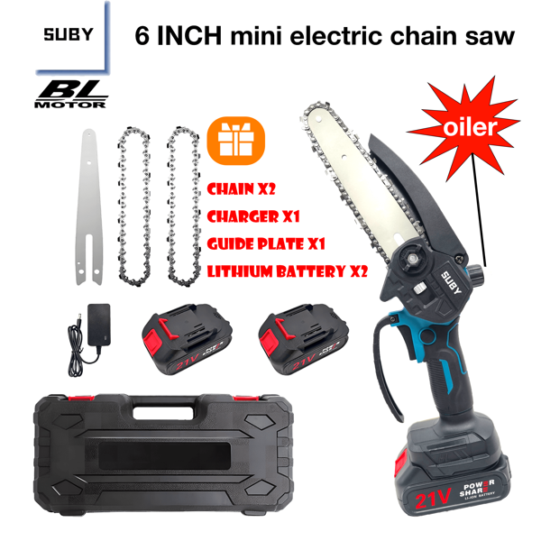 SUBY 1 Set Of SUBY 6 Inch Cordless Electric Chain Saw, With 2 Chains And 2 Batteries, Suitable For Cutting And Chopping Wood, Garden Pruning