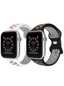 2 件硅胶彩虹镂空蝴蝶扣表带 兼容 38/40/41/42/44/45/49mm Ultra/SE/8/7/6/5/4/3/2/1（男女通用） - 黑彩虹+白彩虹 - 查看 1