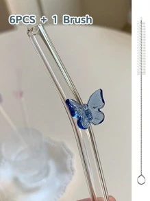 Juego de 6 Pajitas Reutilizables con Encanto de Mariposa - Juego de Bebida Encantado para Bodas/Despedidas de Soltera, Pajitas de Vidrio Caprichosas con Cepillo de Limpieza, Suministros para Fiestas, Accesorios de Cóctel para Jardín de Hadas, Perfecto para Fiesta de Soltera y Decoración de Compromiso Nupcial, Regalo para Novia