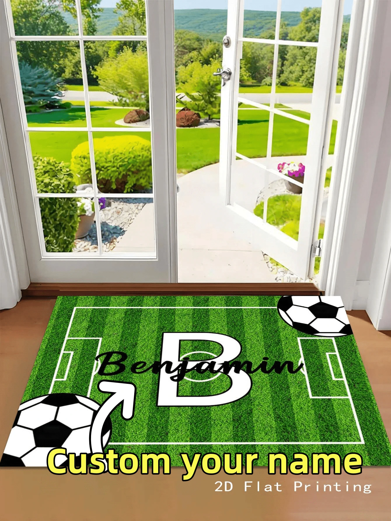 1pc Creative Green Anti-Slip Durable Football Field Printed Customizable Name Doormat, Fashionable & Versatile Entryway Mat, Suitable As Gift For Football Fan Friends - Green - View 1