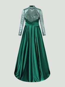 Faeriesty Curve Plus Elegant Mock Neck Evening Gown With Sheer Sleeves - A-Line Satin Skirt, Rhinestone Embellishments For Galas, Wedding Banquets, Proms & Black Tie Affairs