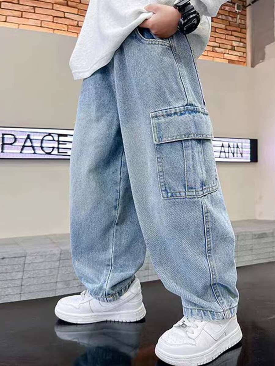 青少年多口袋牛仔裤，男童宽松直筒休闲工装裤，水洗牛仔裤，适合所有季节