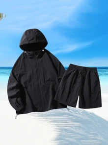 Summer Lightweight Loose-Fitting Casual Outdoor Beach Single-Layer Lightweight Shorts Set - 黑色 - 查看 3