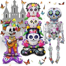 1 pezzo Nuovo Palloncino in piedi Giorno dei Morti Teschio Rock Star Impilato con Fiori, Decorazione orrore Ognissanti, Decorazione per Feste, Casa e Camera da Letto