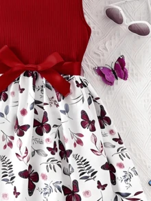 Rochie de decor cu fundă fără mâneci cu fluturi și florale pentru fete, modă elegantă, potrivită pentru îmbrăcăminte în aer liber primăvara/toamna, poate fi oferită ca cadou - roșu - Vizualizare 3