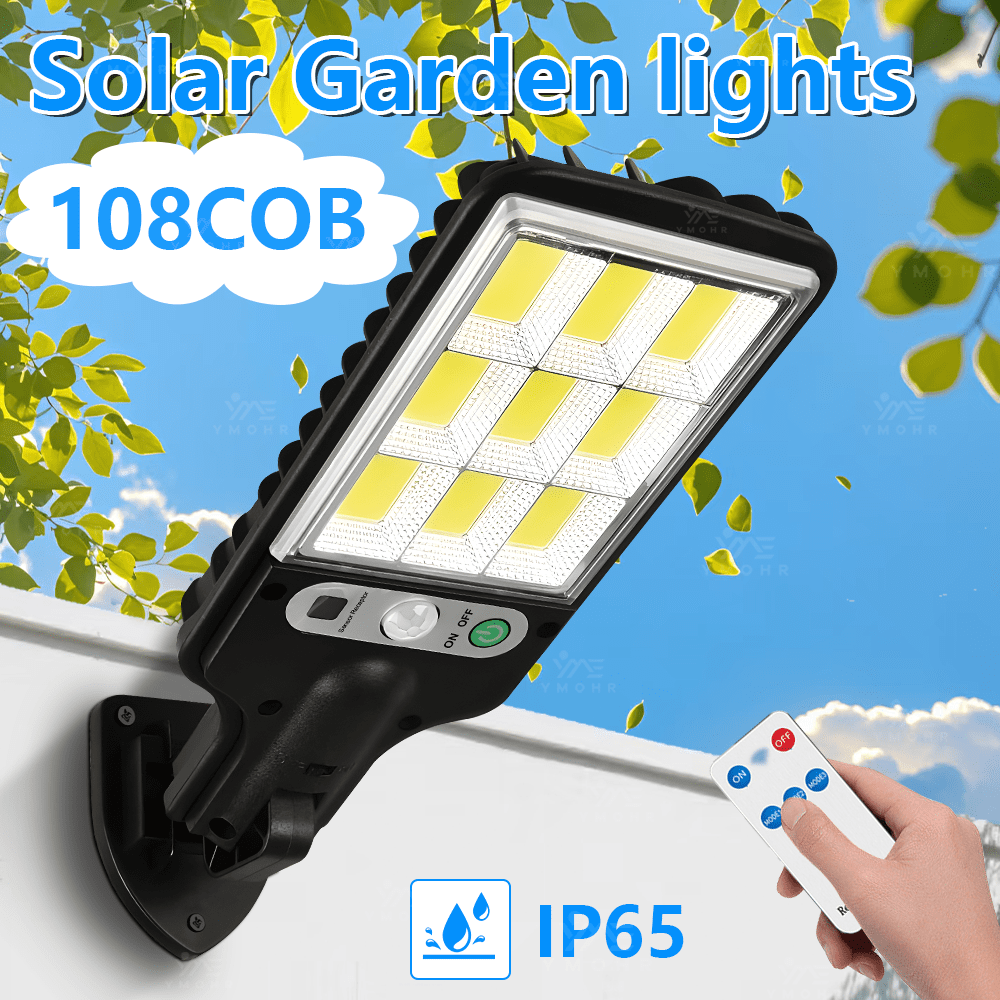 2 Stück leichte, zarte Solar-LED-Leuchten, 108 COBs mit hoher Helligkeit, Bewegungssensor, wandmontierte Lampen, kleine Fernbedienung, Außen-Solarleuchten, 3 Betriebsmodi, Terrassen-Dekoration, IP65 wasserdicht, Straßenbeleuchtung, langanhaltend ABS-Material, Gartenbeleuchtung, Hof-Dekoration, Balkon, Hof, Haustür, Weg, Veranda