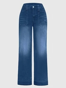 Women's Classic Daily Elegant Four Season Bell Bottom Pants High Waisted Retro Washed Three Tone Jeans - Màu xanh lam - Xem 6