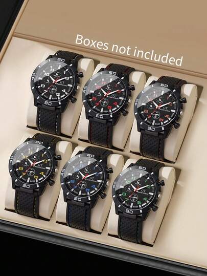 Set de 6 relojes de pulsera de hombre con diseño deportivo de carrera, correa de silicona y esfera digital de 3 esferas, estilo clásico de cuarzo, sin caja de reloj