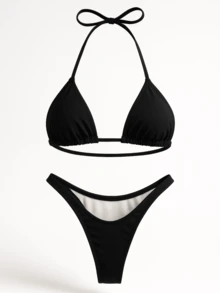 Sexy Neon Green Tie-Up Beach Bikini Set - Black - View 6