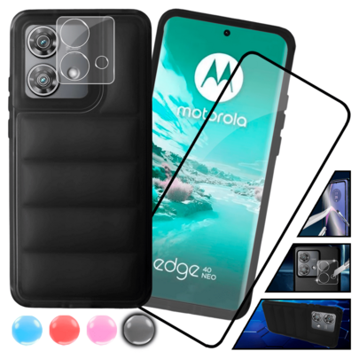 Evephones [Kit 3 en 1] Funda Bumper Para Moto Edge 40 Neo Estilo Moderno Puffer Suave Lisa De Moda Uso Rudo + Kit Micas Protectoras 9D Mica para Pantalla y Mica para Cámara de Cristal Templado Antirayaduras HD