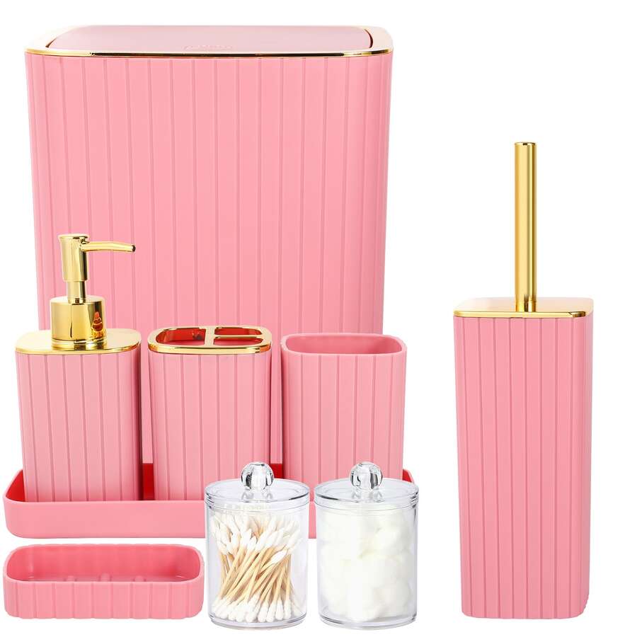 9-Piece Set Of Gold Bathroom Accessories, Pink Bathroom Accessory Set, Equipped With Toothbrush Holder, Mouthwash Cup, Soap Dispensing Bottle, Tray, Soap Box, Press Open Trash Can, Toilet Brush Home Bathroom Decor Bathroom Accessories Bathroom Organizer Summer Back To School - 粉色 - 查看 1