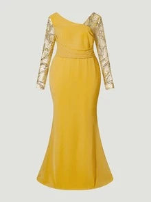 Faeriesty Curve Plus Elegant Chiffon Evening Gown With Beaded Sheer Sleeves - Fitted Mermaid Silhouette With Floor-Length Skirt, Perfect For Bridal Receptions, Red Carpet Galas, And Award Ceremonies