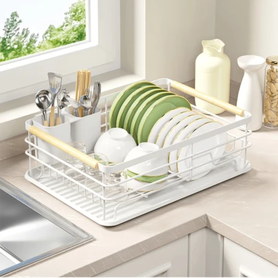 White 43x32x14cm Stainless Steel Dish Drying Rack - Space-Saving, Kitchen Counter Dish Rack With Cutlery Holder For Plates, Bowls, Cups, Utensils & Cutlery Storage, Organizer Rack