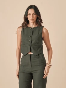 Linen Set With High Collar Vest And Pants With Lined Button Details - 墨綠色 - 查看 2