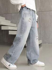 Boys' New Ripped Jeans, Teens' Casual Loose Fit Washed Straight Leg Jeans, Versatile All Season Pants - Light Wash - View 5
