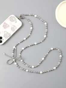 珍珠串珠蝴蝶结手机挂绳，带透明卡夹，适合送给母亲、家人、朋友、生日、节日的礼物，手机挂饰，手机链 - 彩色 - 查看 9