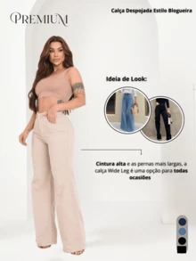 Women's Wide Leg Jeans, High-Rise, 100% Premium Cotton, Wide Leg, Marbled Blogger - 米色 - 查看 3