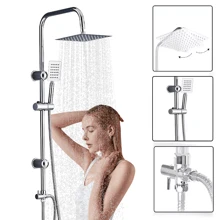 Large Shower Kit Twin Head Waterfall Chrome Adjust Riser Rail Chrome Square Set Silver - Silver - View 3