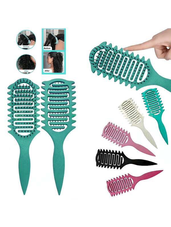Solid Color Hollow-Out Styling Brush, Bouncing Curl Comb, Made Of Nylon And Buckwheat Straw, With A Massage Function. It Can Be Used On Both Dry And Wet Hair To Remove Tangles And Smooth Knot-Free Hair. Suitable For All Styles Of Curly Hair And All Women, It Is Compact, Convenient And Easy To Carry, Making It An Ideal Valentine's Day Gift.