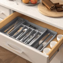 Cutlery Drawer Organiser, Extendable Cutlery Tray, 8Compartments, Kitchen Storage Adjustable Dividers Plastic For Utensil Spoons Forks Knives, - Grey - View 5
