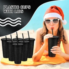 5 Pack 24 Oz Plastic Tumblers With Lids And Straw, Reusable Discolor Cups,Glitter Plastic Cups For Cold Drink Iced Coffee, Adults And Children Parties Birthday Slumber Party Supplies - Đen 5 GÓI - Xem 3