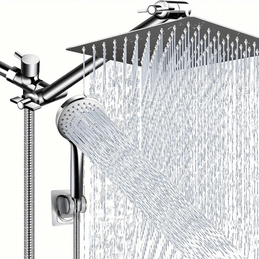 Shower Head Combo,8inch/10 Inch High Pressure Rain Shower Head With 11 Inch Adjustable Extension Arm And 5 Settings Handheld Powerful Shower Spray Against Low Pressure Water - Silver - View 1