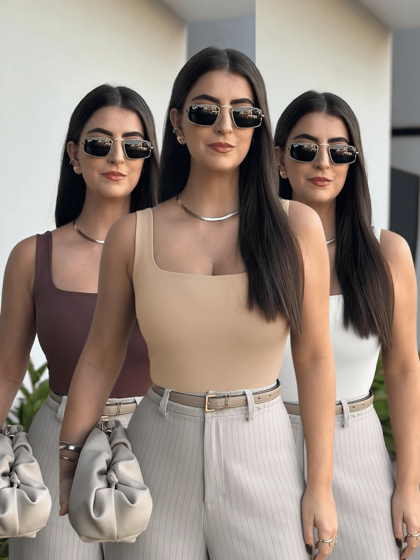 Kit 3 Body Bory Bori Women's Square Neck Tank Top Thick Strap Winter Colors Suplex Basic Simple - NUDE/TRẮNG/NÂU - Xem 1