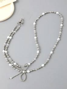 珍珠串珠蝴蝶结手机挂绳，带透明卡夹，适合送给母亲、家人、朋友、生日、节日的礼物，手机挂饰，手机链 - 彩色 - 查看 7